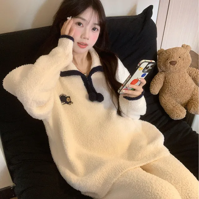 可爱小熊半边绒睡衣女秋冬新款大码加厚保暖针织家居服套装可外穿