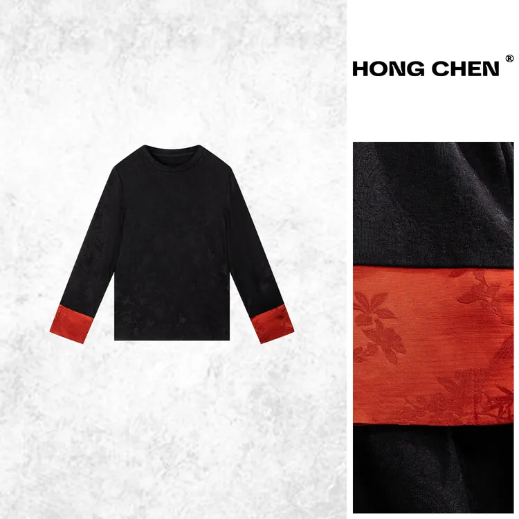 【虹辰】高端时尚显瘦百搭冰丝绵彩色袖提花气质高级感上衣-HC2867