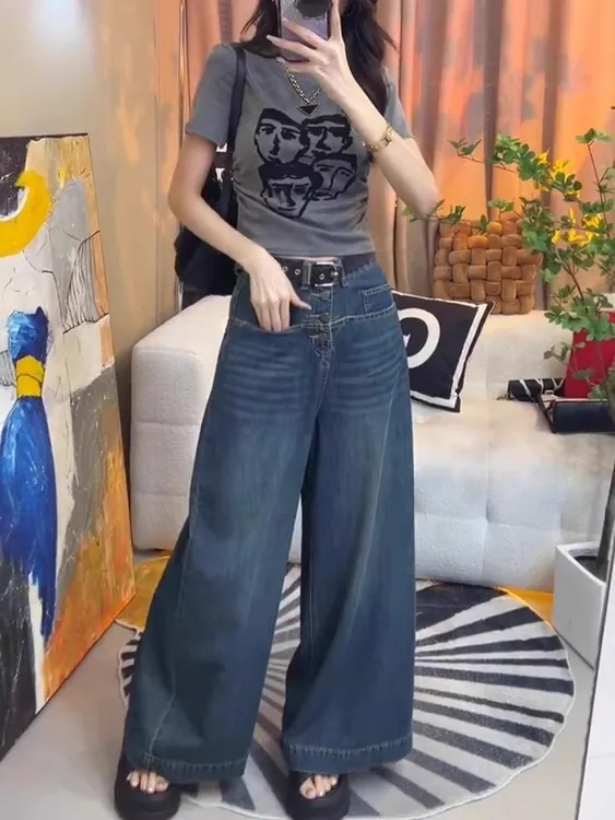 设计感大码宽松阔腿牛仔裤女2025年春秋新款高腰显瘦百搭拖地长裤