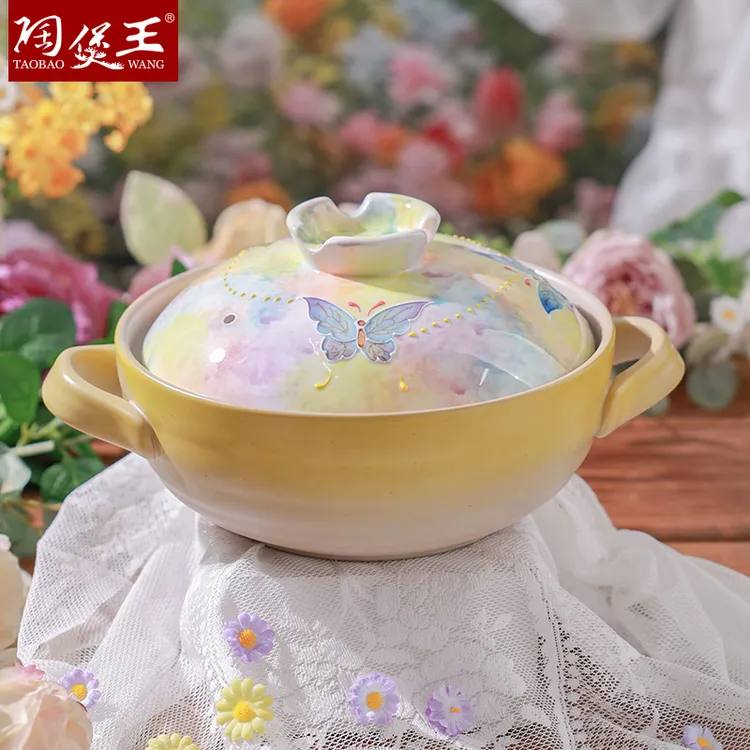 陶煲王手绘堆彩砂锅耐高温陶瓷煲汤锅家用炖汤陶瓷煲釉下彩浮雕