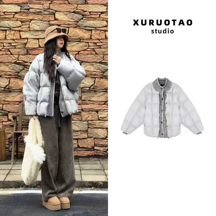 XURUOTAO【小泡芙】针织拼接假两件设计感显瘦灰蓝色羽绒服 T5781