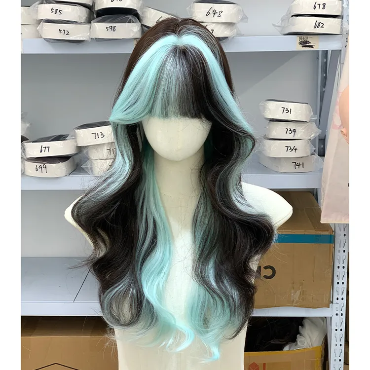 【清仓福利】假发女蓝绿挑染齐刘海长卷发网红时尚鬼马Lolita全头套