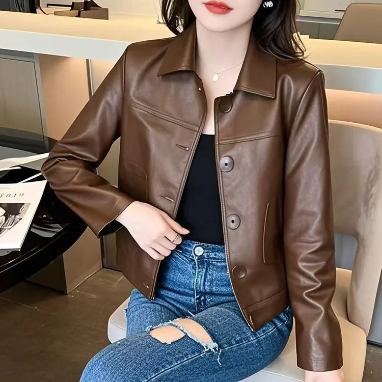 2025春秋时尚排扣百搭方领小个子休闲上衣公主风皮衣