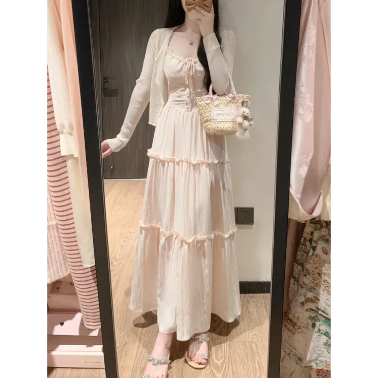 【5968人收藏】法式性感粉色蕾丝吊带连衣裙女夏季收腰蛋糕裙a字