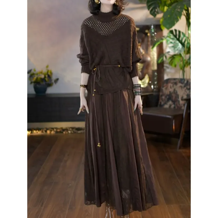 休闲文艺风裙套装女2026春季新款高级洋气镂空宽松针织衫+半身裙