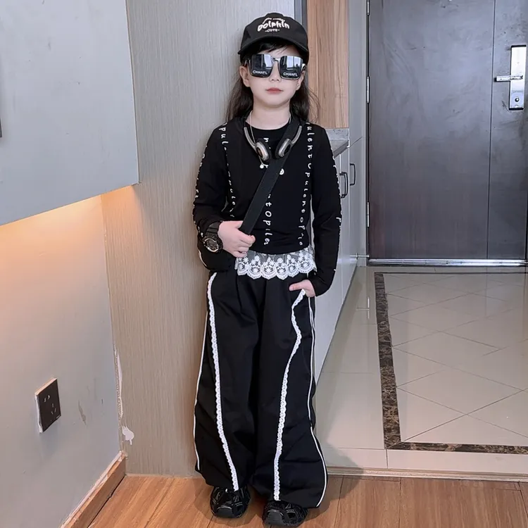 女童秋装套装中大童洋气女孩春秋款字母打底T恤花边工装裤两件套