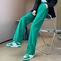 1554春季绿色高腰垂感阔腿裤女宽松直筒休闲西裤