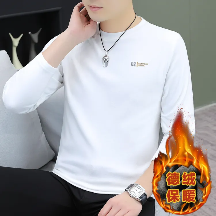 加绒加厚保暖长袖T恤男士内穿秋冬季潮流德绒打底衫上衣圆领体恤t