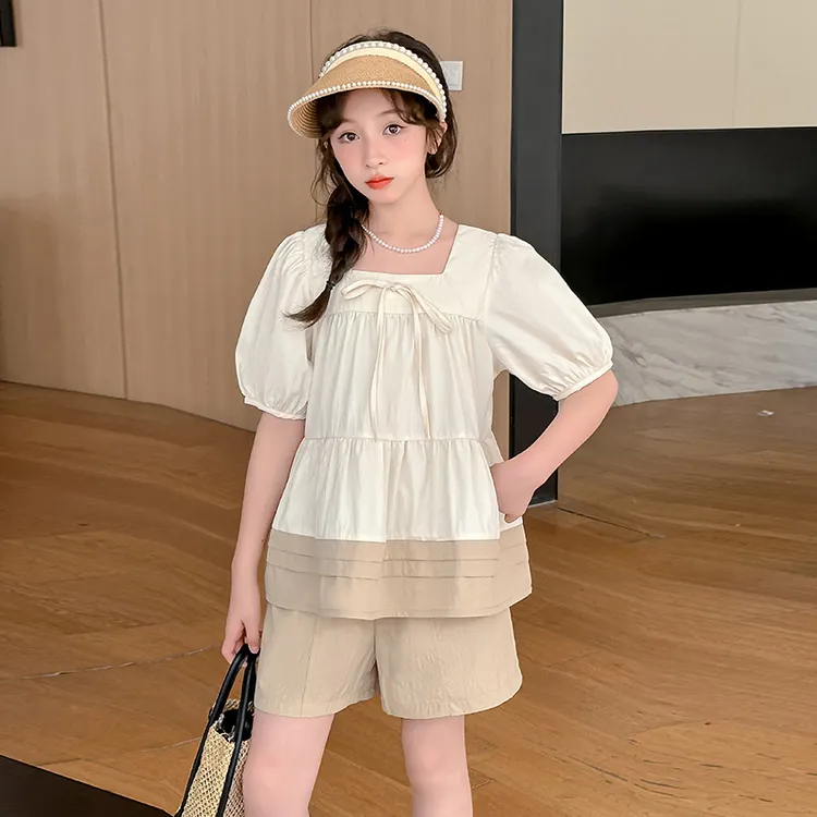 女大童气质夏季套装时尚洋气新款初中学生女孩方领娃娃衫两件套薄