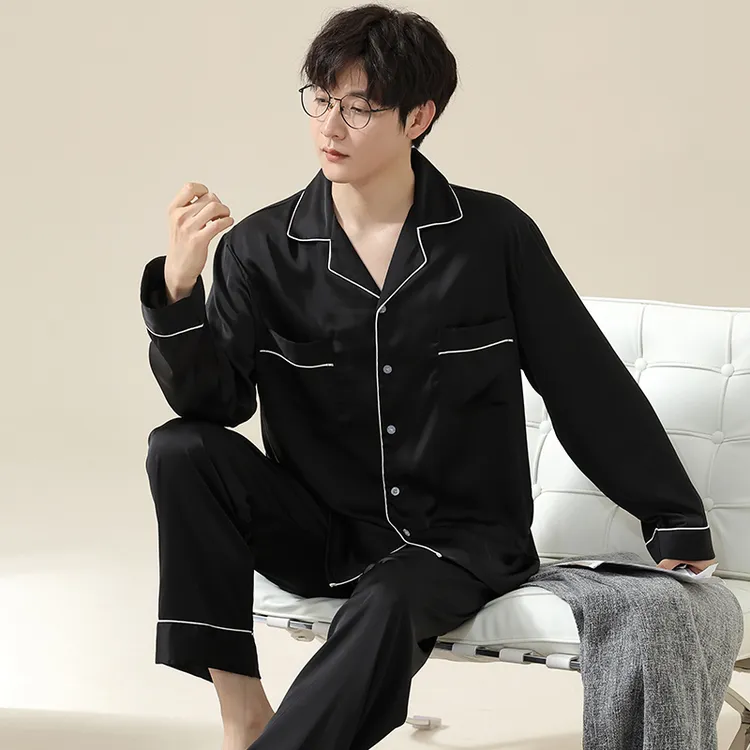 YIHAN-秋季新款冰雪丝睡衣男士丝滑高档长袖情人节礼物家居服套装