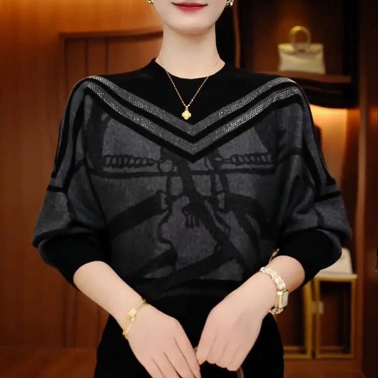 秋季新款时尚气质显瘦女士针织衫洋气提花烫钻减龄宽松毛衣打底衫