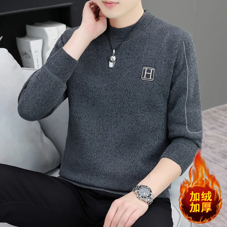 男士加绒毛衣时尚潮流休闲加厚套头针织衫男款冬季保暖打底衫A13