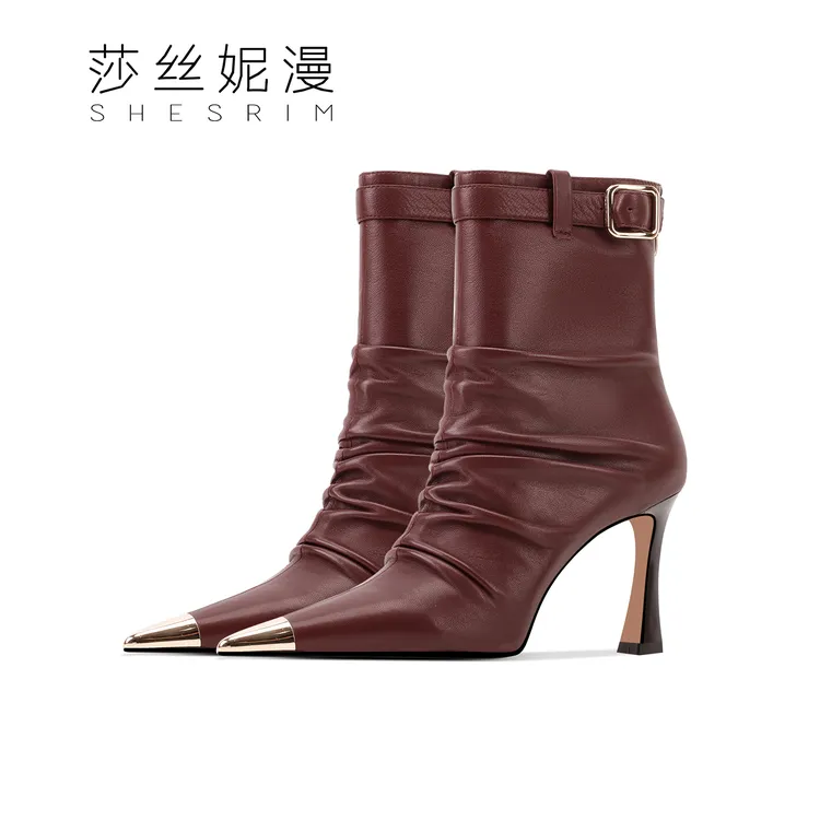 「8.5CM]冬季高跟时装短靴女士高跟靴尖头高跟女靴款绒里粗跟靴子