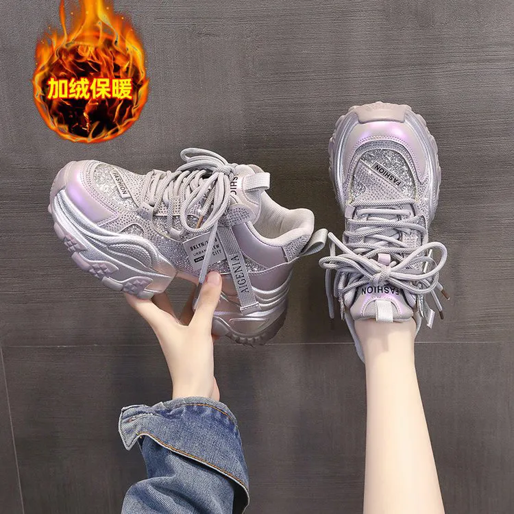 网红爆款时尚亮片老爹鞋女厚底2025秋季新款透气百搭休闲运动鞋子
