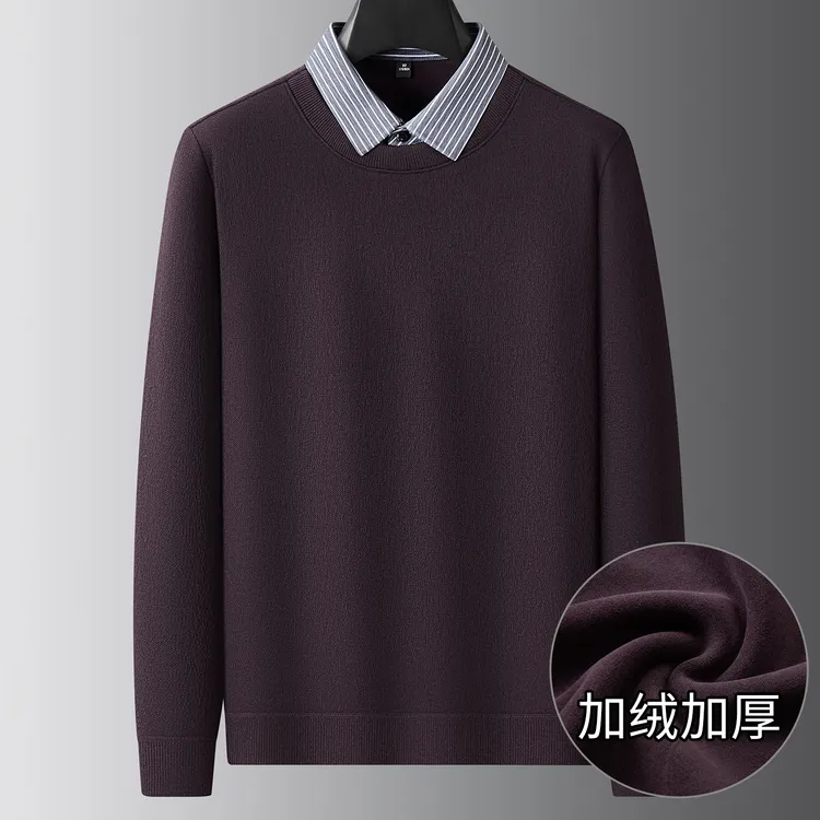 大码男士假两件针织衫加绒加绒商务衬衫领含羊毛套头毛衣胖子冬季