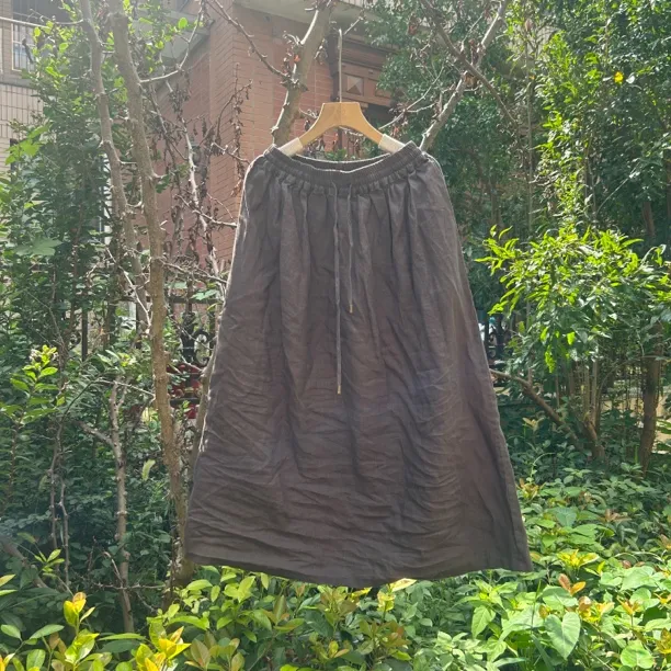 原创设计加厚亚麻松紧系带秋冬百搭宽松文艺半身长裙简约显瘦女裙