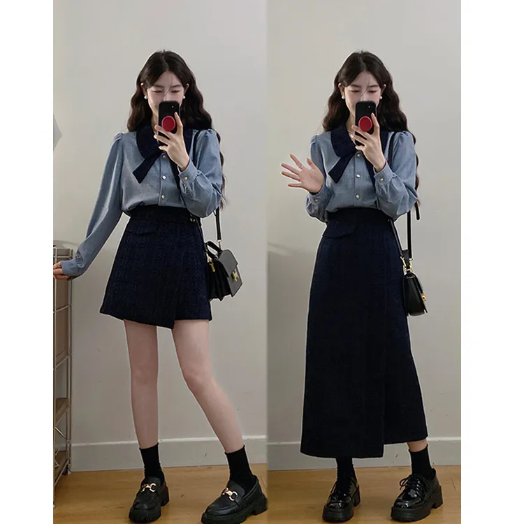 大码女装2025春季新款韩系小香通勤衬衫高腰遮肉显瘦裙裤气质套装