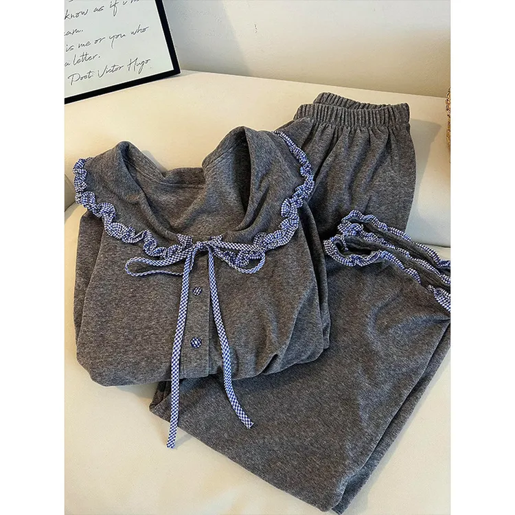 韩系拼接木耳边德绒睡衣女冬季长袖长裤保暖磨毛家居服套装可外穿