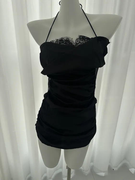 蕾丝网纱褶皱挂脖吊带女睡裙显瘦性感舒适家居服