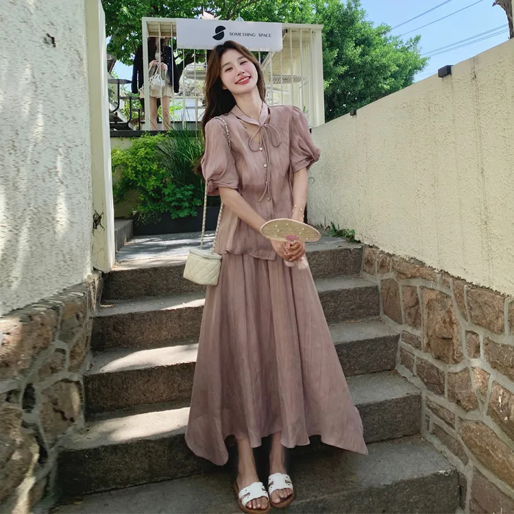 优雅气质套装裙夏季女2025新款复古氛围感温柔显瘦系带衬衫半身裙