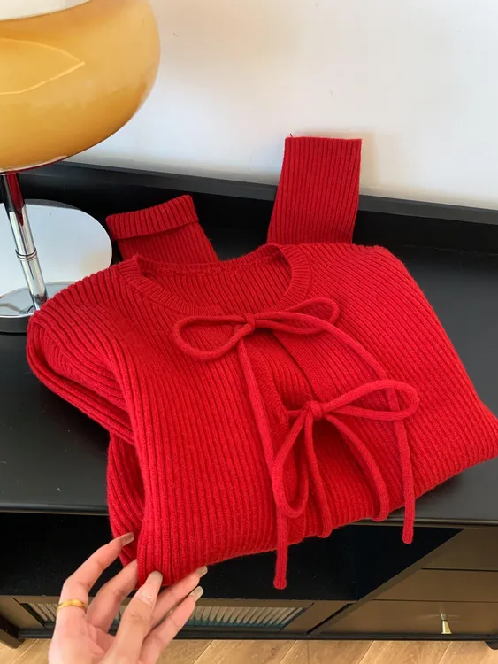 蝴蝶结系带红色长袖针织开衫女2025秋季新款高级感软糯休闲针织衫