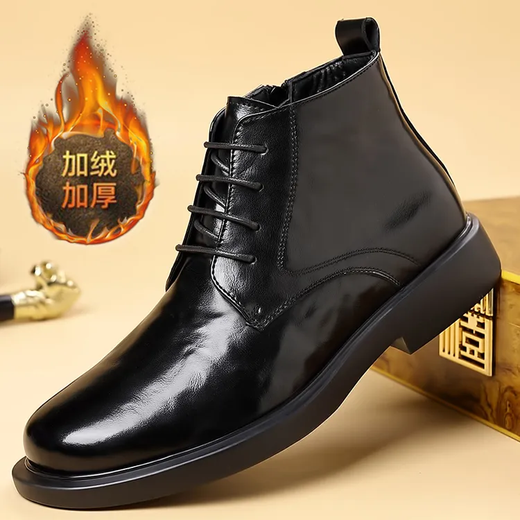 冬季新款时尚潮流加绒休闲男靴子黑色百搭马丁靴耐磨防滑高帮皮靴商品图