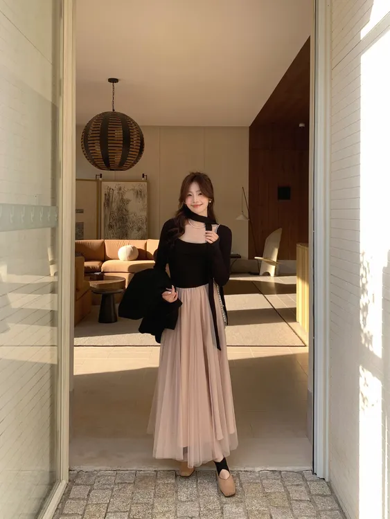 Even一雯【干枯玫瑰】韩系高智感法式千金感撞色拼接收腰长袖连衣裙