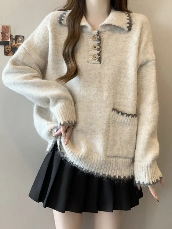 日系复古撞色花边POLO领针织衫女秋冬大码胖mm百搭慵懒风毛衣上衣