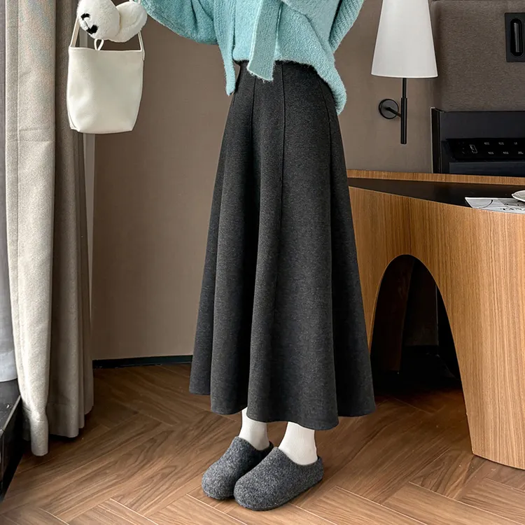 秋冬半身裙女2025大摆显瘦毛呢高腰中长裙百搭松紧腰a字遮胯长裙