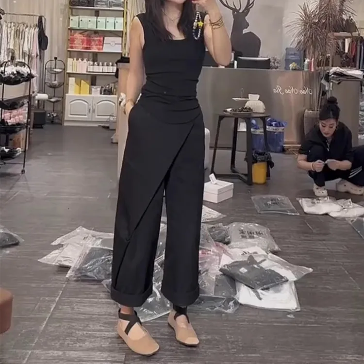 秋季新款设计感阔腿休闲裤女黑色大码胖mm梨形身材高腰显瘦直筒裤