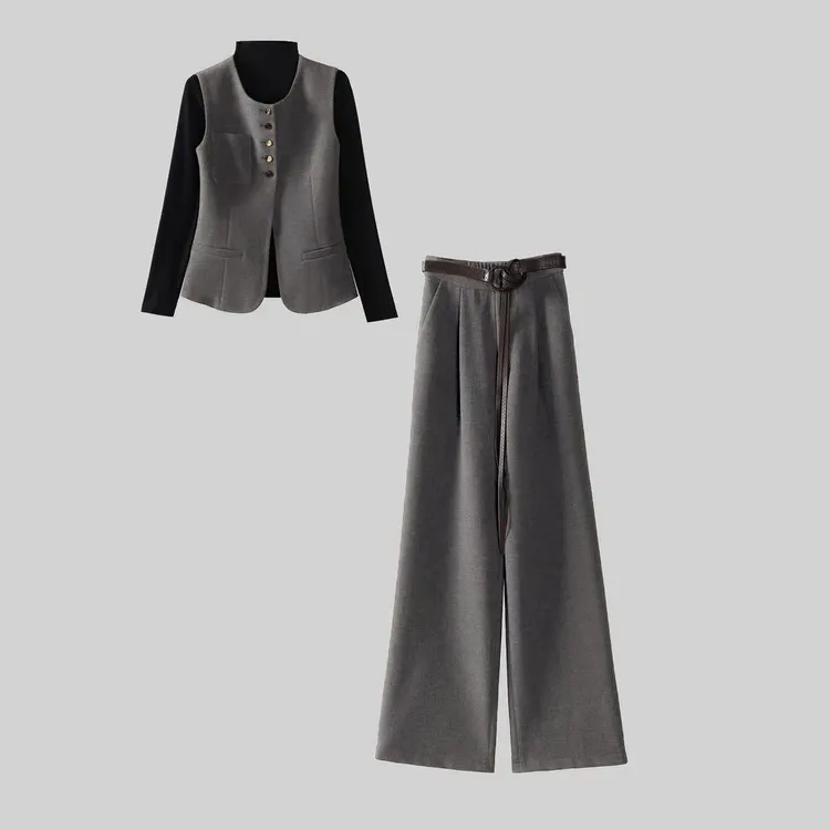 H538一整套韩系穿搭高级感打底衫马甲阔腿裤腰带四件套