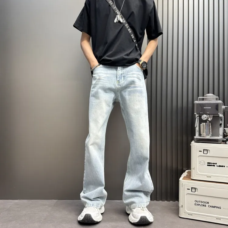 纯色微喇直筒蓝色水洗牛仔长裤子宽松阔腿蓝色水洗男士微喇牛仔裤