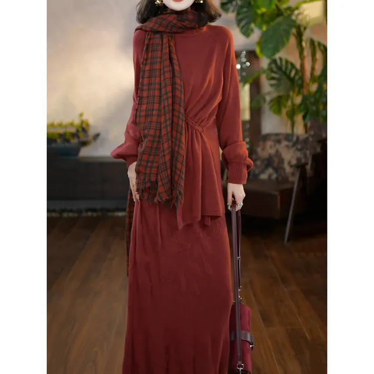 慵懒减龄针织裙套装2025秋冬新款设计感不规则百搭针织衫+半身裙