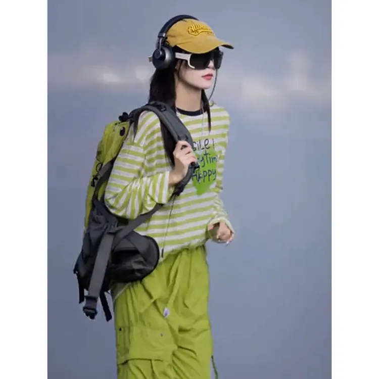 美式户外防晒罩衫条纹T恤女2025秋季新款圆领套头字母印花打底衫