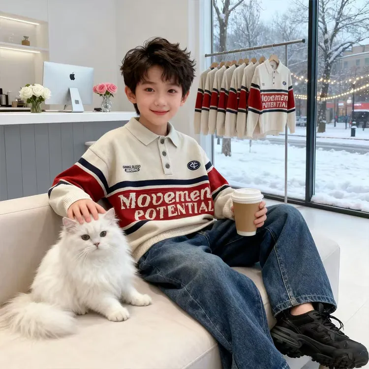度度猫春秋冬新款童装中大童打底polo领毛衣外套百搭时尚针织衫