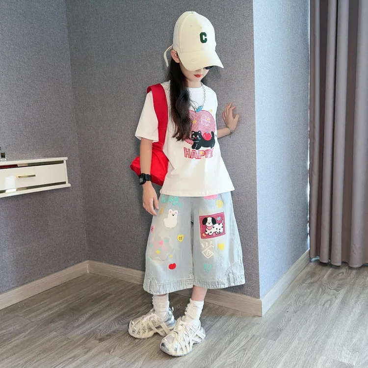 女童夏套装2025新款儿童韩里韩气穿搭纯棉短袖牛仔七分短裤两件套