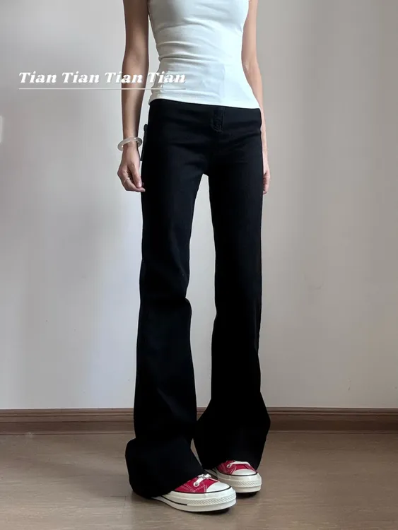 Tian女款显瘦显高紧身基础纯黑宽边裤脚高腰弹力黑色微喇裤