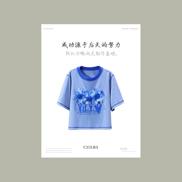 【韩哥女装】设计师高定面料欧货小众轻星空蓝立体盘花短款T恤6869