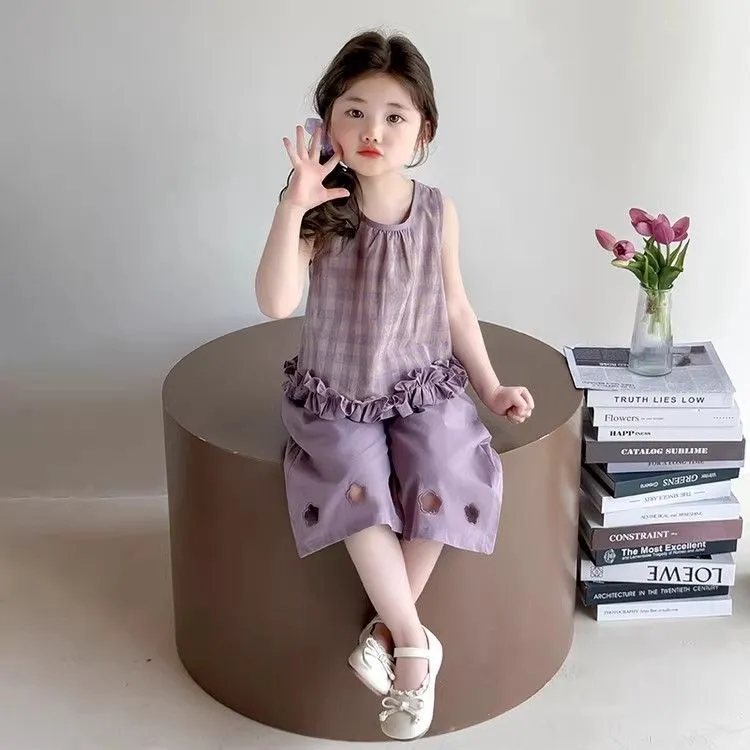 女童夏季套装新款宝宝格子背心两件套洋气儿童无袖夏装