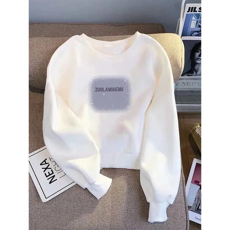 2025秋冬新款设计感小众圆领短款卫衣女宽松高腰小个子加绒上衣潮