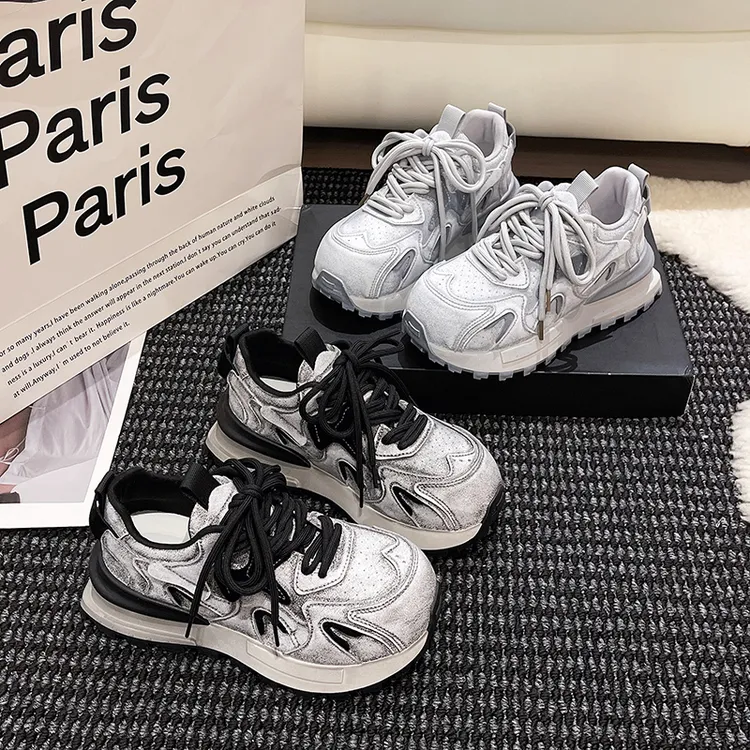 爆款阿甘鞋女加绒2025新款时尚百搭厚底增高丑萌擦色休闲运动鞋女