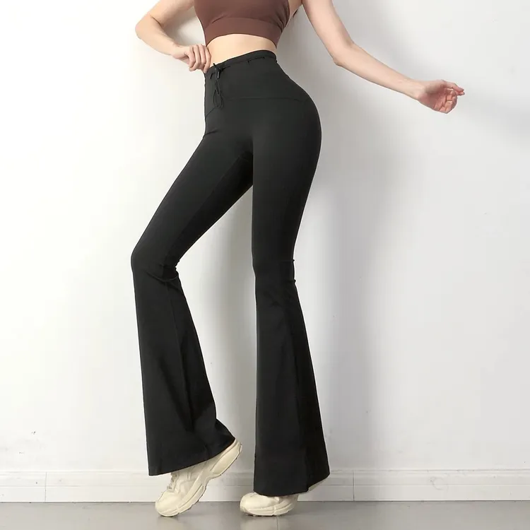 高腰抽绳喇叭裤裸感修身瑜伽裤女收腹提臀微喇显瘦运动健身裤