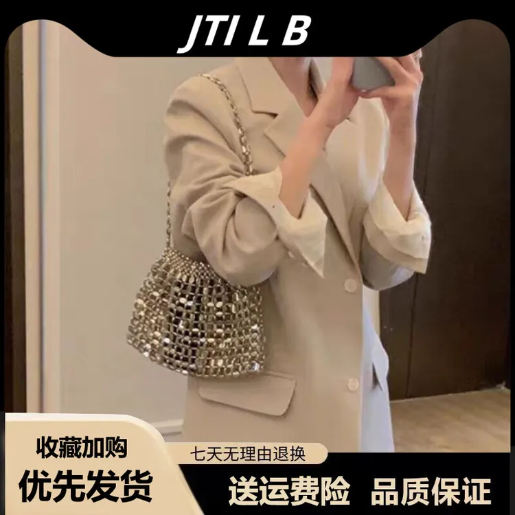 高级复古闪亮编织亮片包春夏银色链条串珠珍珠包单肩腋下包包