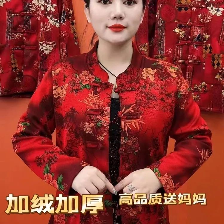 冬季新款妈妈装加绒保暖国风盘扣外套印花复古气质长袖民族风