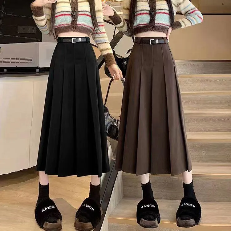 黑色毛呢半身裙女2025秋冬新款高腰百褶中长款显瘦百搭A字长裙女