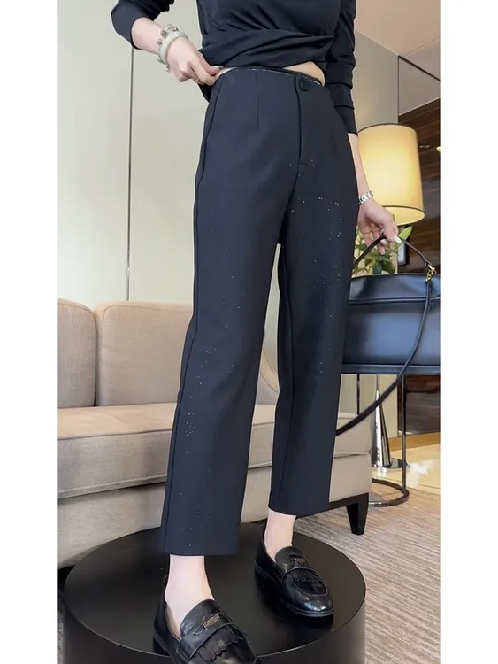 秋季新款时尚休闲裤女2025大码宽松显瘦遮肉设计感九分直筒休闲裤