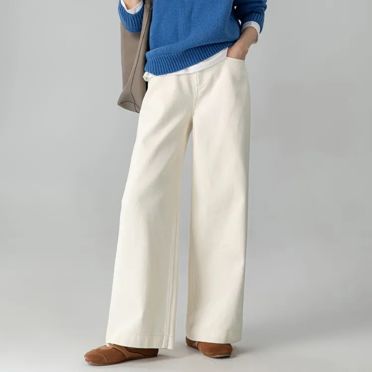 米白色牛仔裤阔腿裤女秋冬百搭裤子2025年宽松九分裤长裤A版直筒