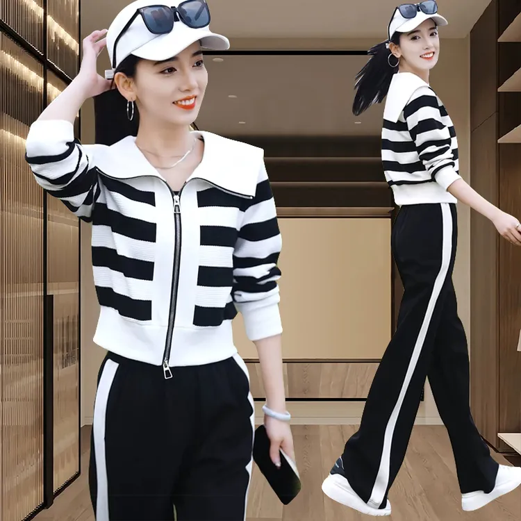 爆款条纹运动套装女2025春季新款洋气减龄卫衣阔腿裤两件套运动服