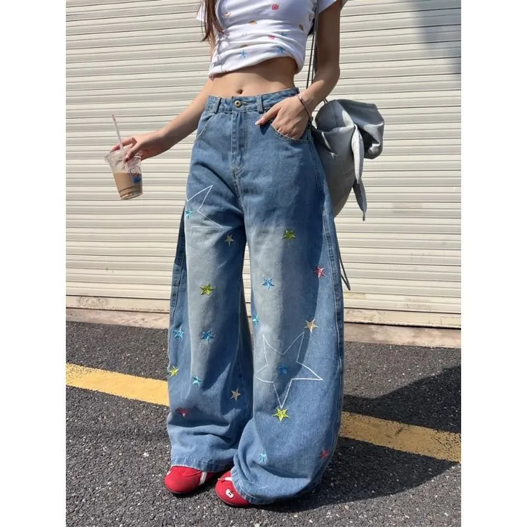 美式复古星星刺绣阔腿牛仔裤男女夏季百搭宽松设计感休闲弯刀长裤