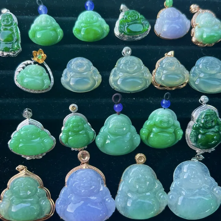 弥勒佛翡翠A货缅甸老坑阳绿佛公气质18k金镶嵌绿色冰阳绿项坠经典